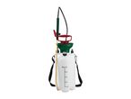 White garden pressure sprayer with green and red accents, a black strap, and a pressure gauge.