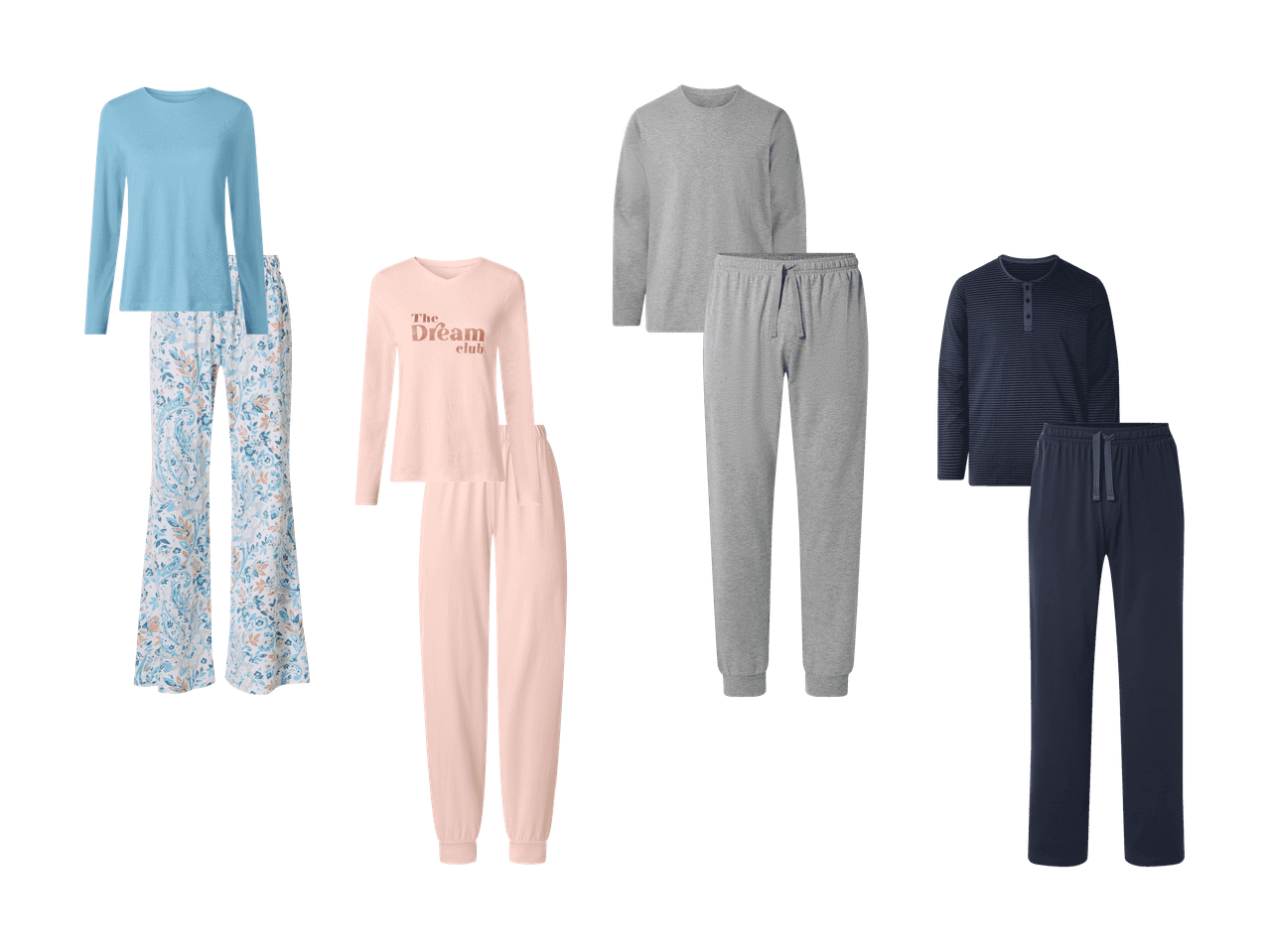 Vier Pyjama-Sets: ein hellblaues mit gemusterter Hose, ein rosa mit 'The Dream Club'-Schriftzug, ein graues und ein blau gestreiftes.