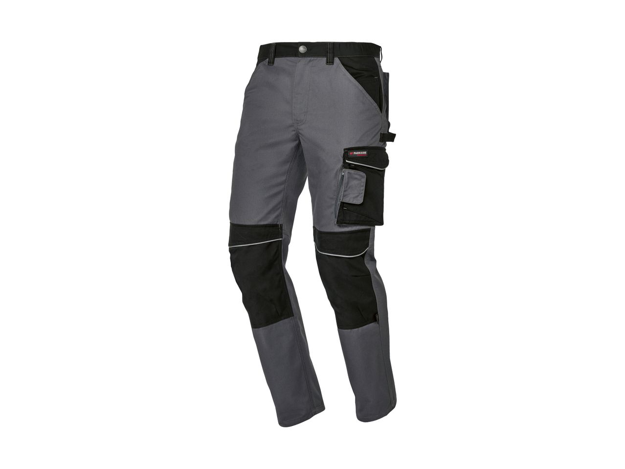 Gray and black work trousers with multiple pockets and reflective accents.