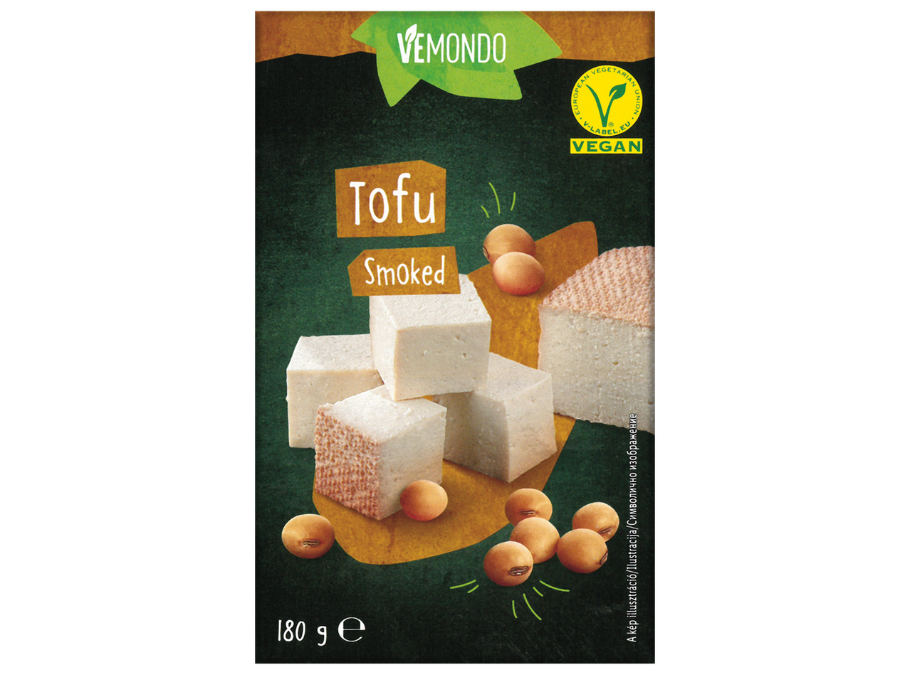 Опушено тофу на кубчета и соеви зърна, с надпис „Tofu Smoked“ и „Vegan“.