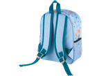 Mochila infantil azul claro com estampa floral.