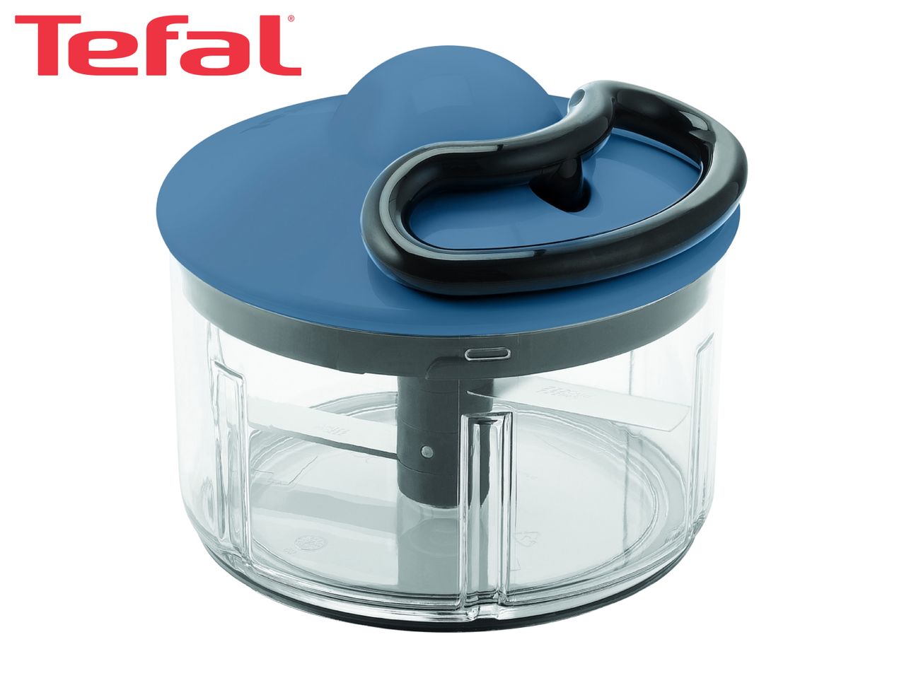 Manual food chopper with a blue lid, black pull handle, and clear bowl