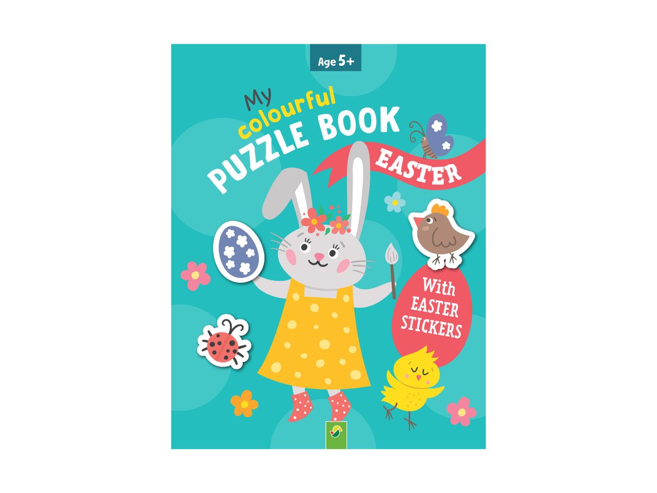 Easter-themed puzzle book for ages 5+ with a bunny, chick, and stickers.