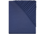 A dark blue fitted sheet with elasticated corners.