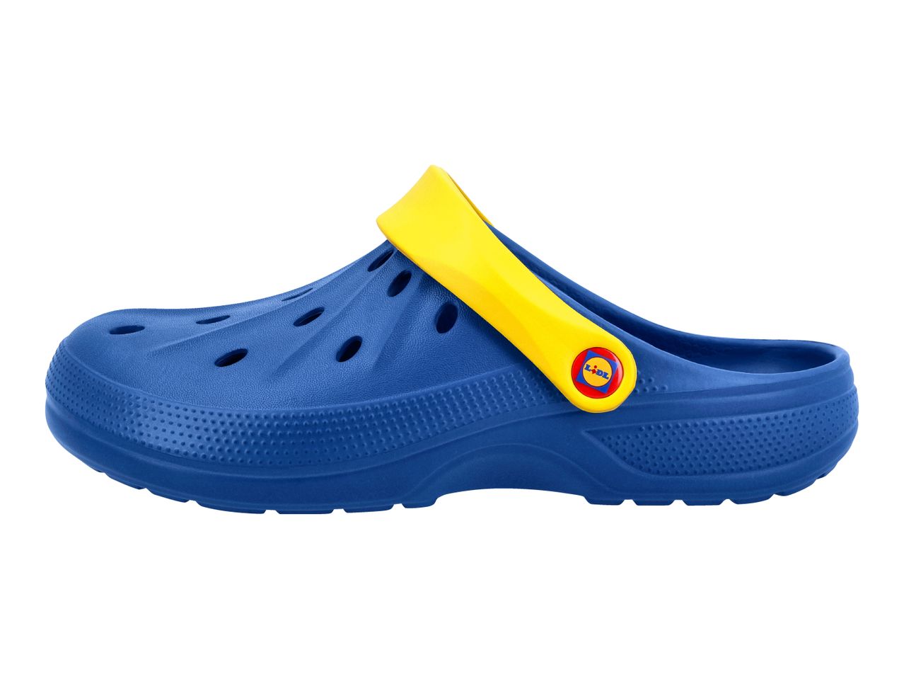 Blue clogs with a yellow strap and a colorful logo on the side.