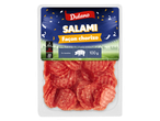 Paquet de salami façon chorizo, 100g, avec des indications de piquant (doux, moyen, fort).