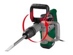 Demolition hammer with a chisel bit, featuring an adjustable auxiliary handle and rotation arrows.