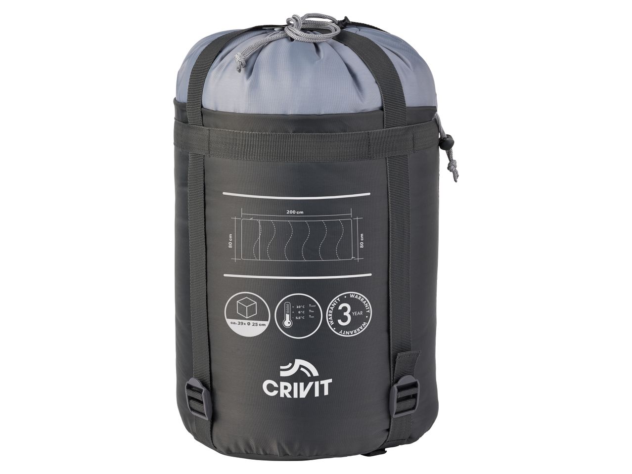 Sacco a pelo CRIVIT compresso nella sua custodia.