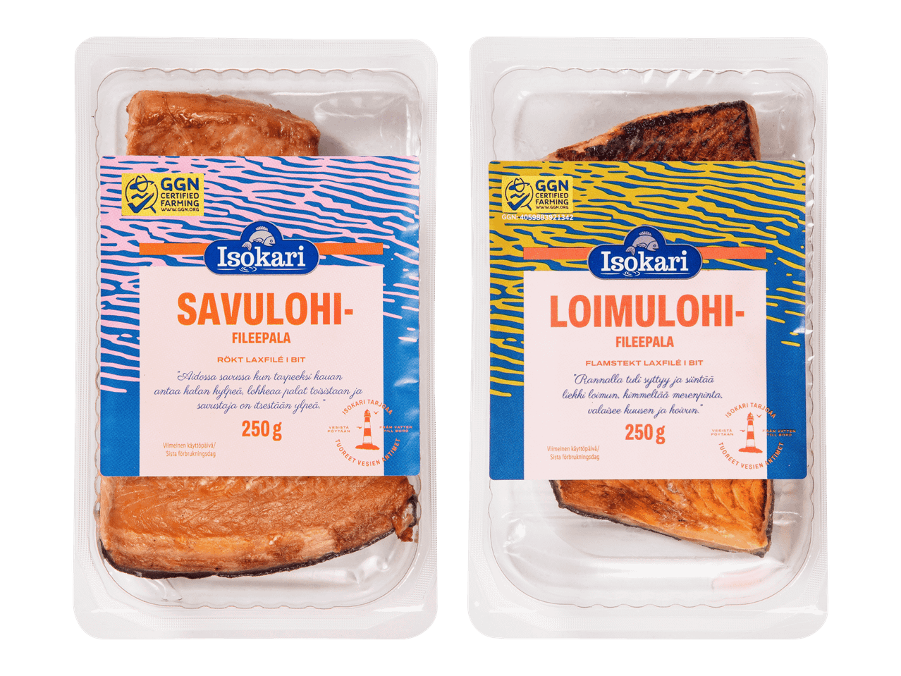Kaksi pakkausta kalafileitä, toinen savulohta ja toinen loimulohta, molemmat 250g.