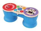Blue and wooden baby drum toy with animal faces and musical notes