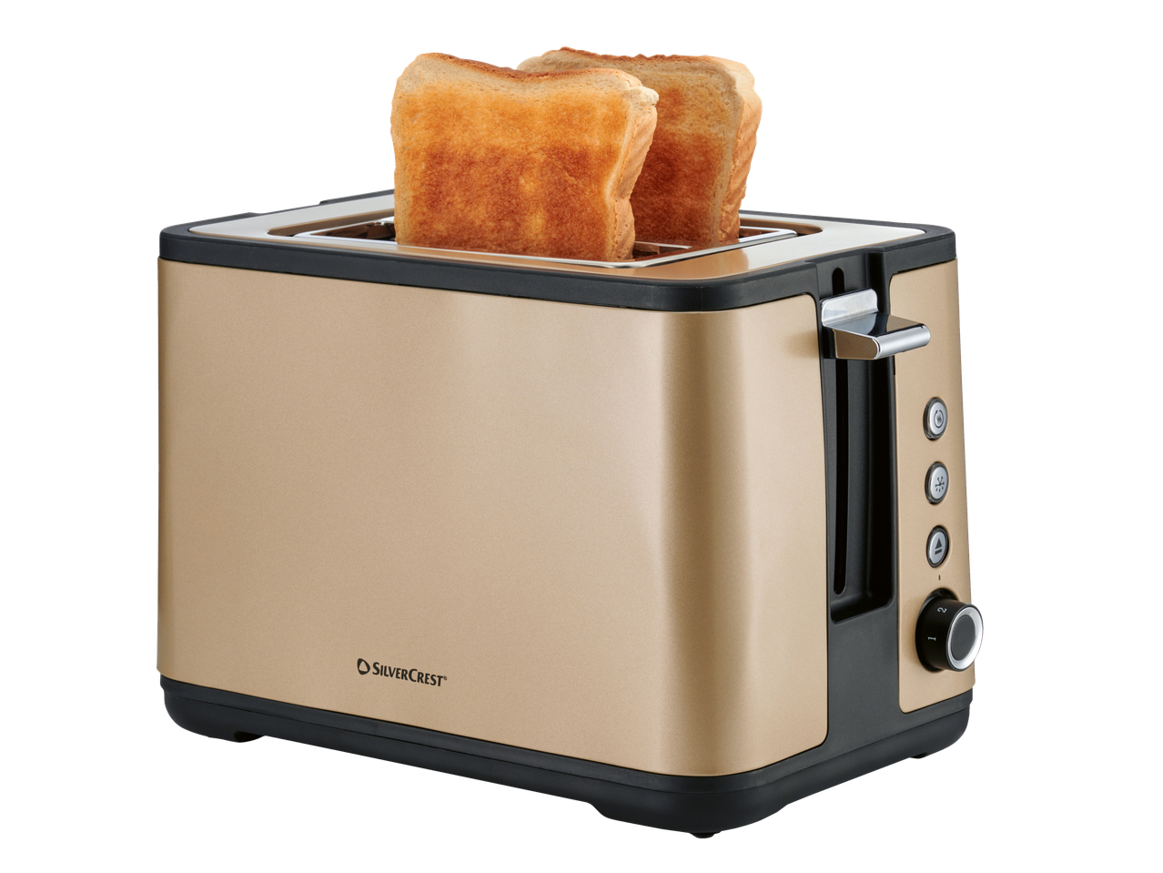 SILVERCREST® 2-slice toaster in gold with two slices of toasted bread.