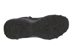 The bottom of a navy blue hiking shoe with an orange accent and a rugged black sole.