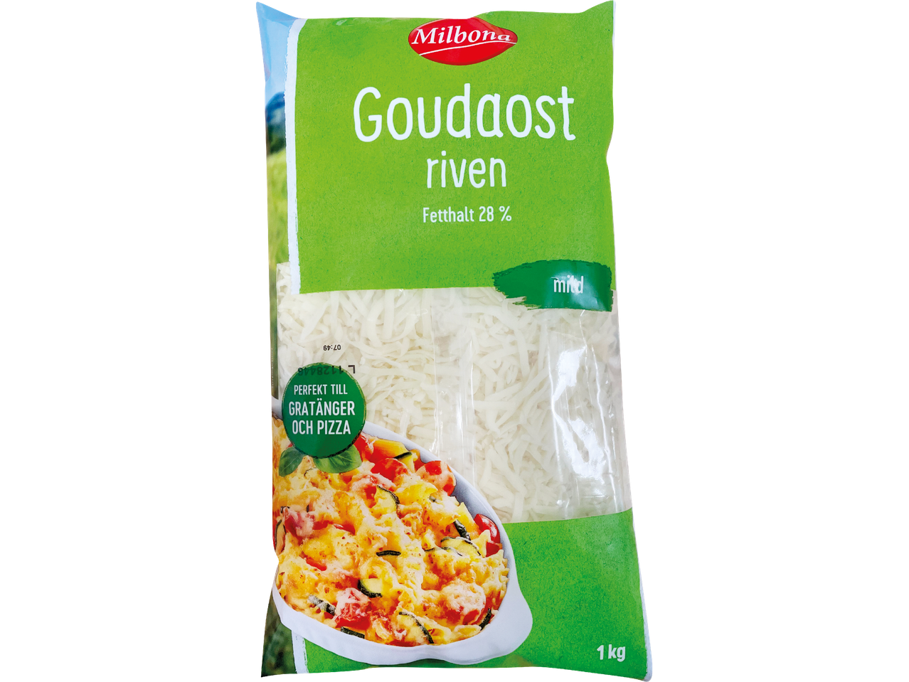 Milbona riven Goudaost i en 1 kg förpackning, perfekt för gratänger och pizza.