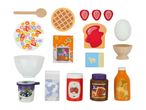 Wooden toy breakfast set with cereal, waffle, toast, egg, yogurt, milk, jam, chocolate spread, and orange juice.