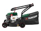 A green and black petrol lawnmower with a grass collection bag, featuring red accents.