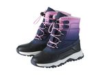 Pair of children's pink and blue winter boots with black soles