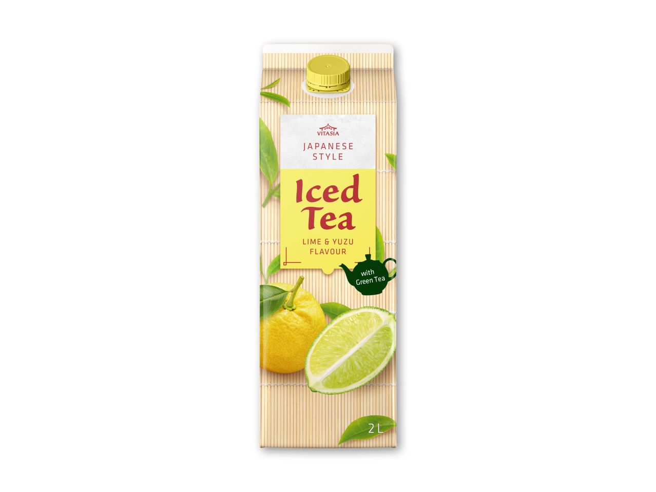 Karton med japansk iste med lime- og yuzusmag, grøn te og 2L volumen.