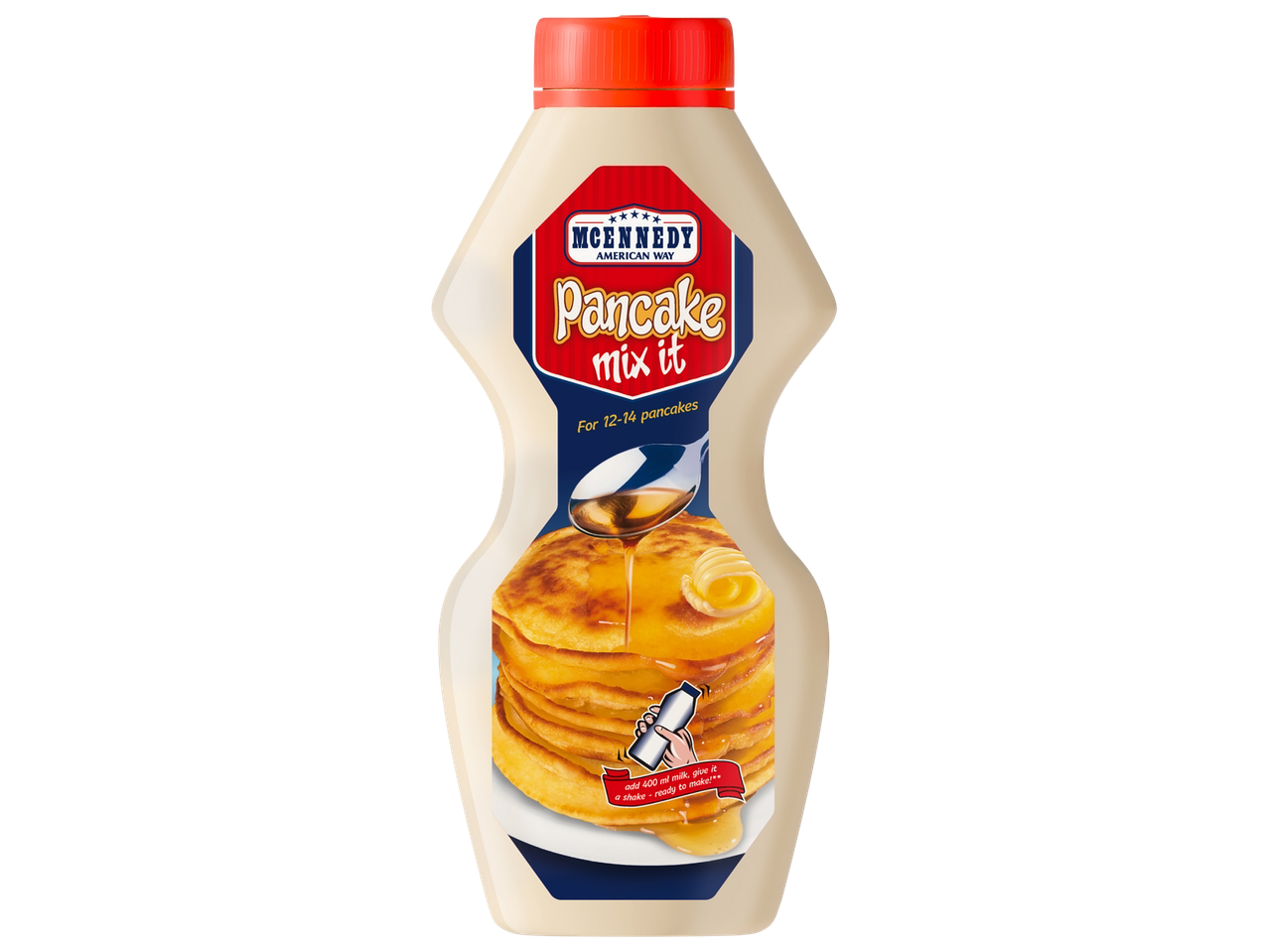 MCENNEDY Pancake mix it bottle with pancakes, syrup, and butter.