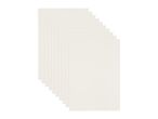 A stack of ten off-white rectangular sheets of paper, fanned out diagonally.