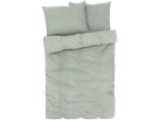 A sage green bedding set with a repeating floral pattern, including a duvet cover and two pillowcases.