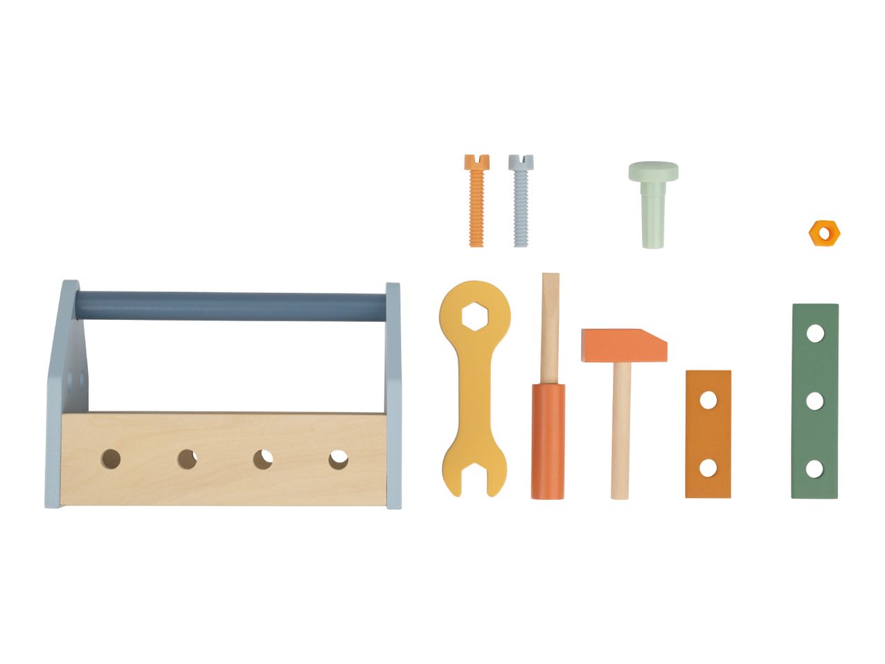 Wooden toy toolbox with various tools and fasteners, including a wrench, hammer, and screws.
