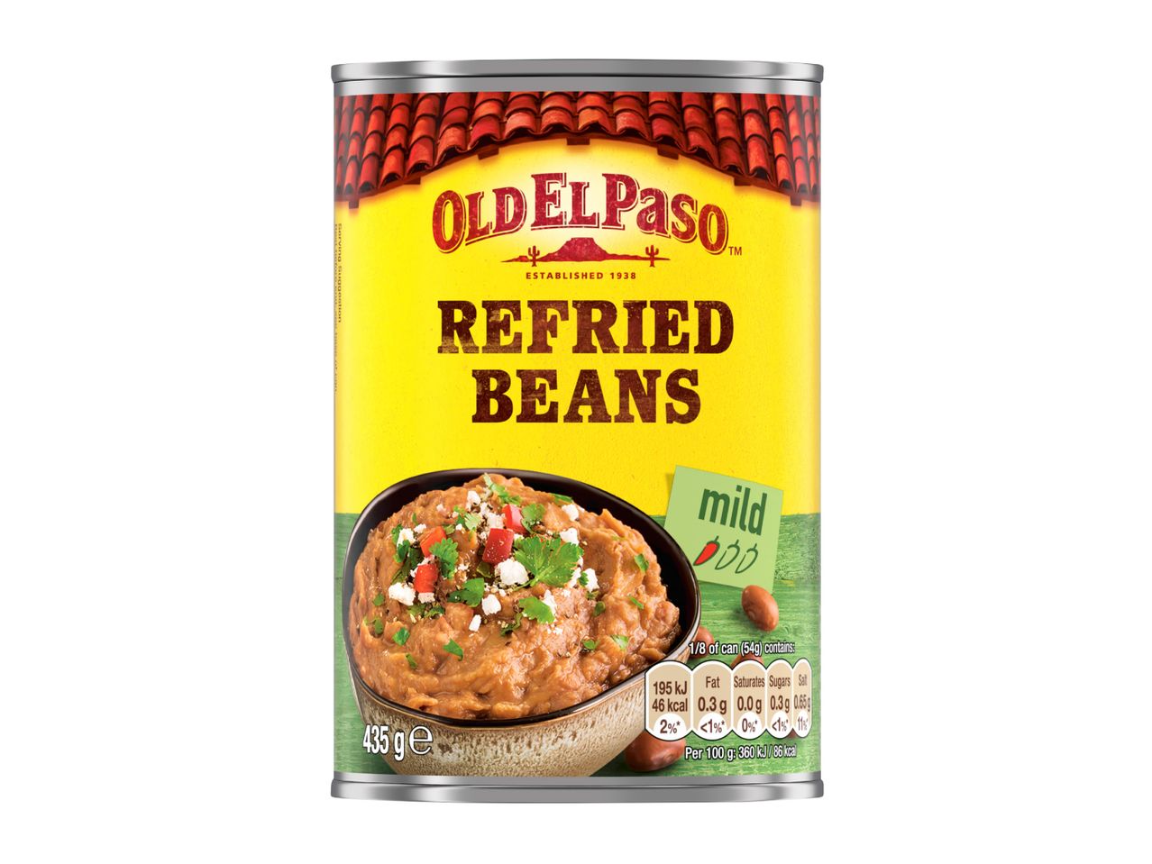 A 435g can of mild refried beans with a bowl of beans on the label.