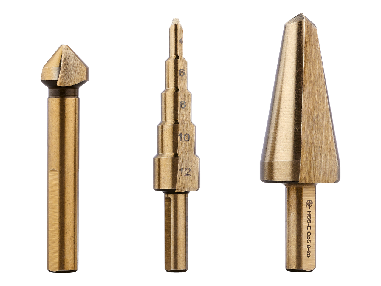 Parkside Performance® grąžtų rinkinys: kūginis grąžtas, laiptuotas grąžtas ir įgilintuvas.