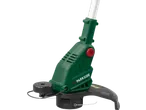 Close-up of a green and black electric grass trimmer with a red push button.