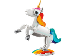Un unicorn LEGO cu coamă și coadă curcubeu.
