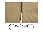 Tan fabric with a black zipper and drawstring cords