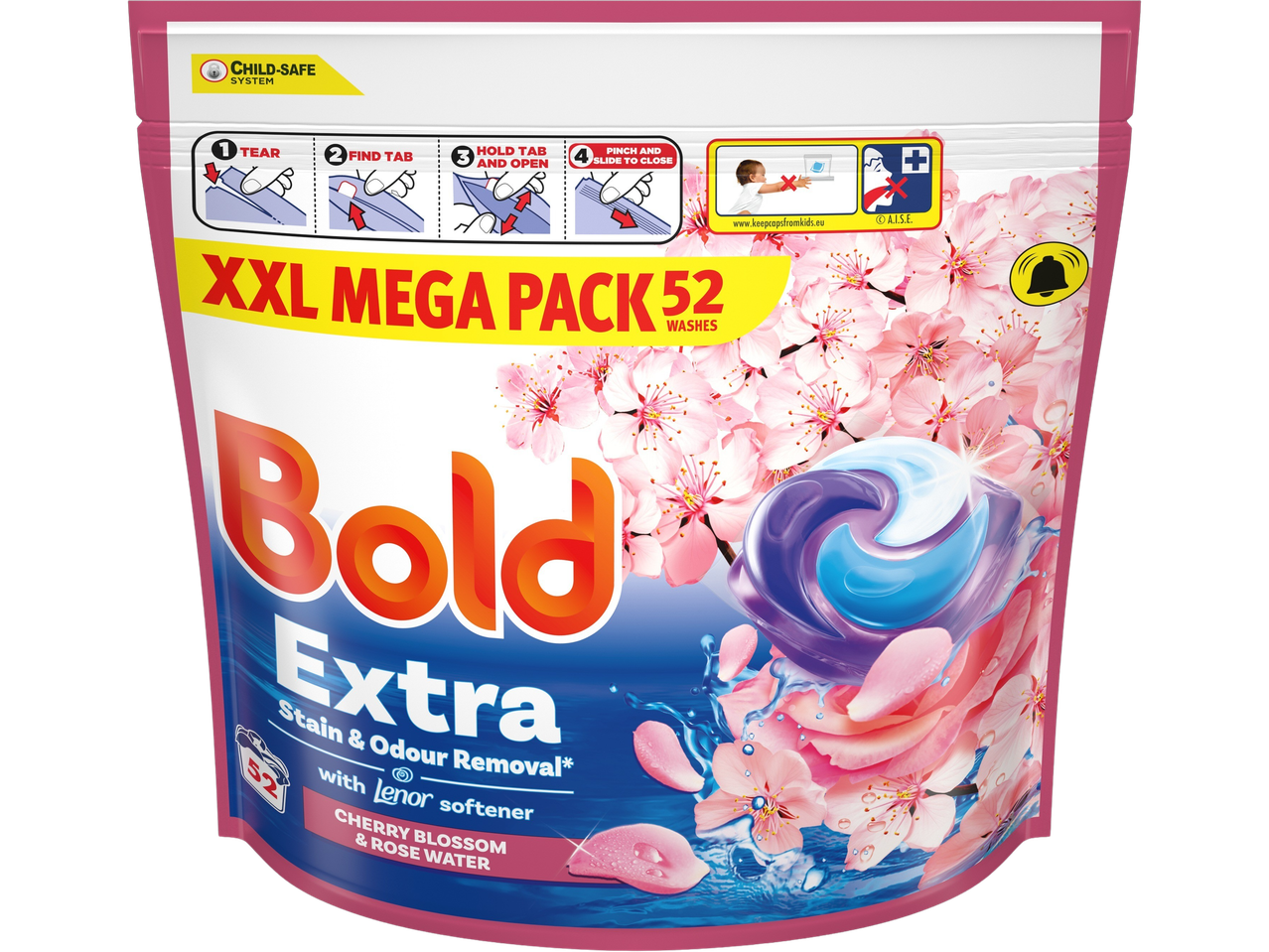 Bold Extra laundry detergent pods with cherry blossom and rose water scent.