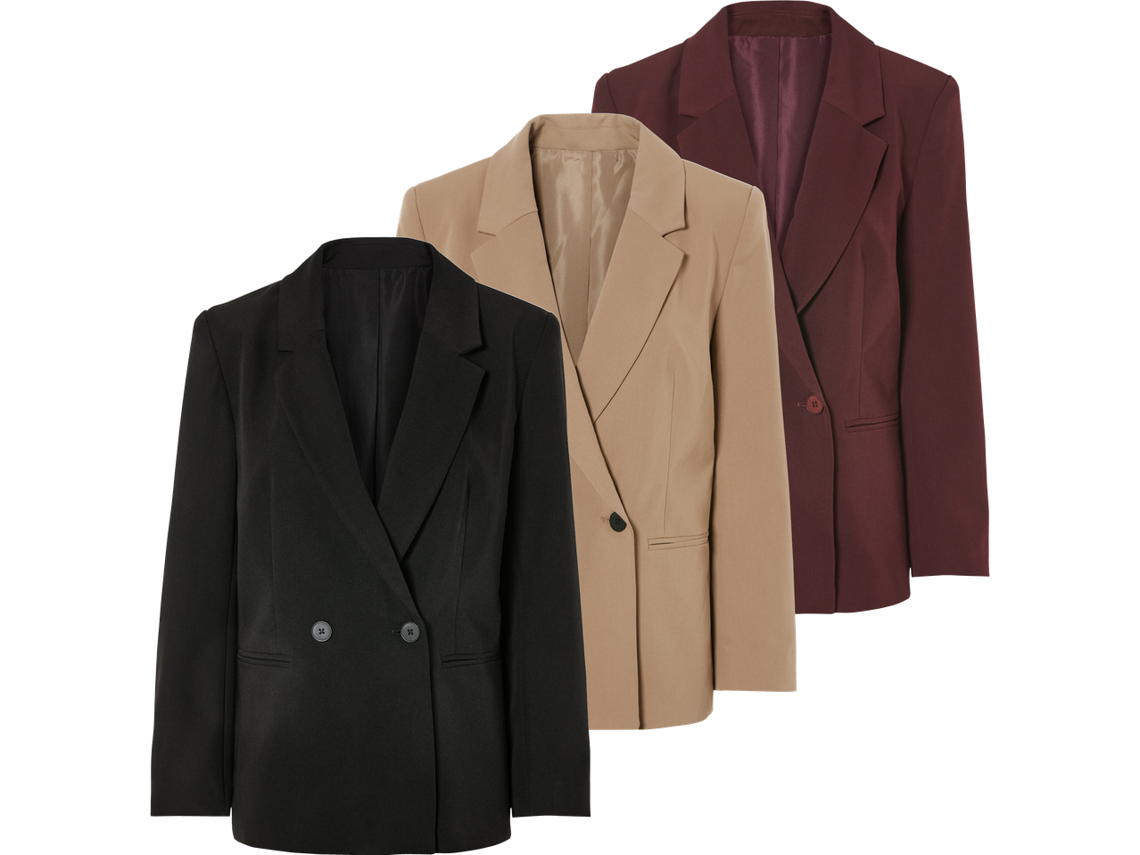 Tre blazers i svart, beige och vinrött, arrangerade diagonalt.