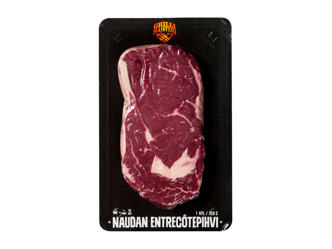 Naudan entrecôtepihvi mustassa pakkauksessa, jossa on grillauskuvake ja tekstiä.