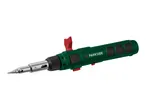 A green and red gas-powered soldering iron with a silver tip.