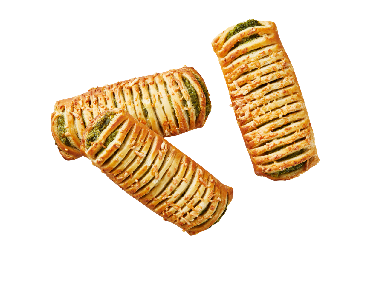 Trys skanūs pesto pyragaičiai.