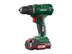 Cordless drill with a battery pack, featuring a green and black design with red accents.
