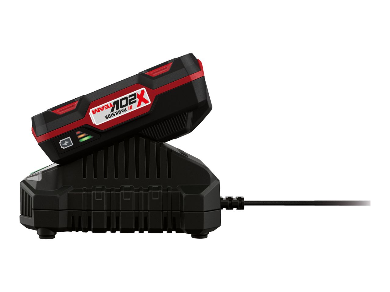 A black and red power tool battery charging on a black charger, with a power cord extending to the right.