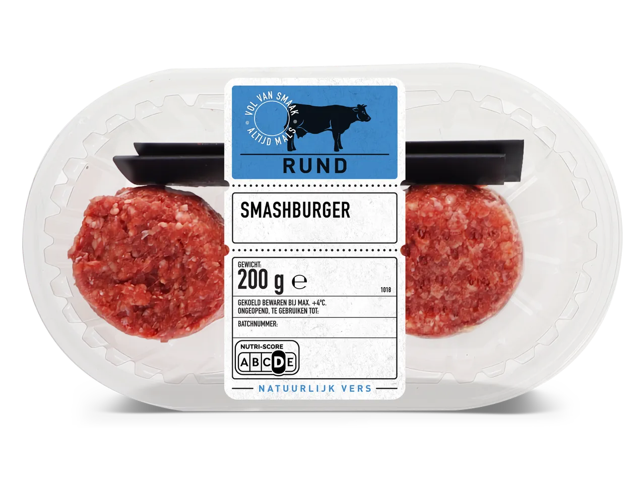 Verpakking met twee runder smashburgers, met een etiket dat het gewicht (200g) en de Nutri-Score D aangeeft.