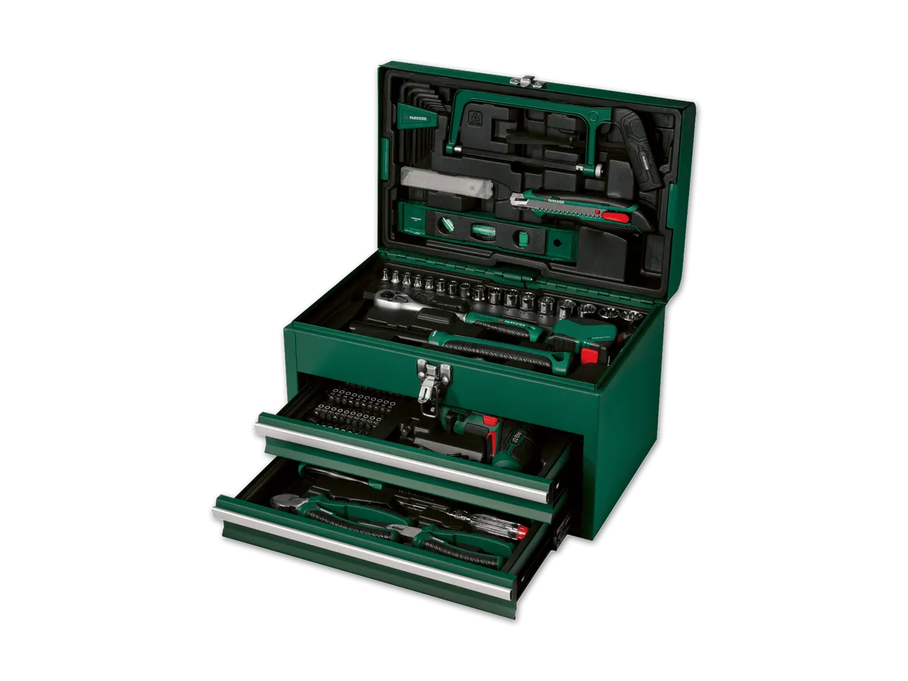 PARKSIDE Werkzeugkasten mit Schraubenschlüsseln, Säge, Schraubendrehern und Zangen