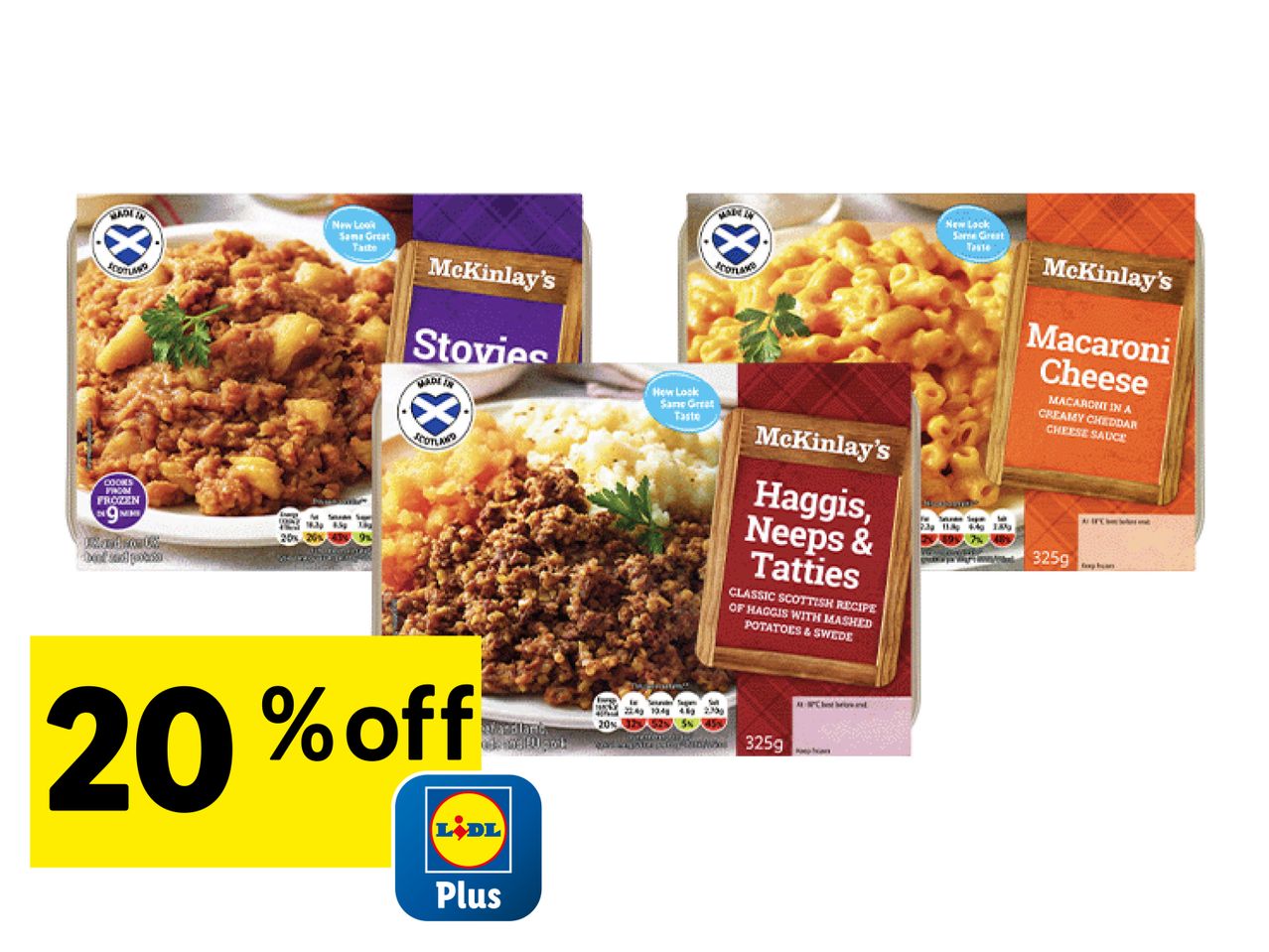McKinlay's Scottish ready meals, including Stovies, Haggis, and Macaroni Cheese, with a 20% off offer.