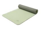 Разгъната постелка за йога в светлозелен цвят с навита част в горния десен ъгъл.