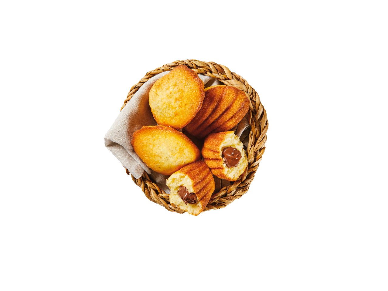 Klasikinės ir šokoladu įdarytos madeleines pintinėje.