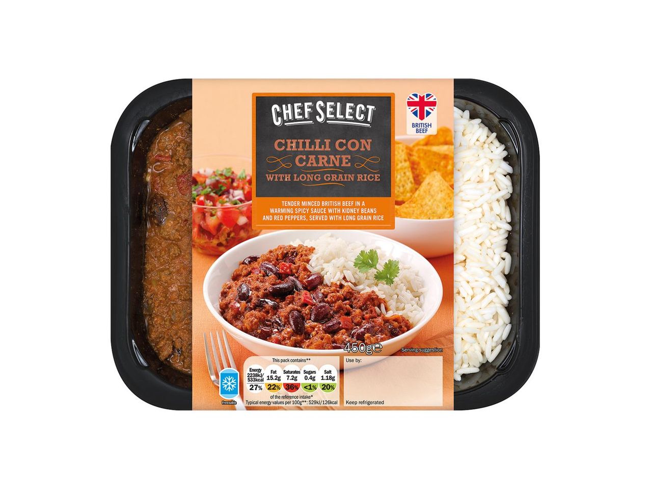 Chef Select Chilli con carne with rice: beef, beans, rice.