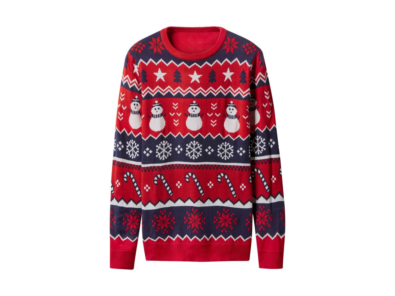 Red and blue Christmas sweater with snowmen, snowflakes, and candy canes