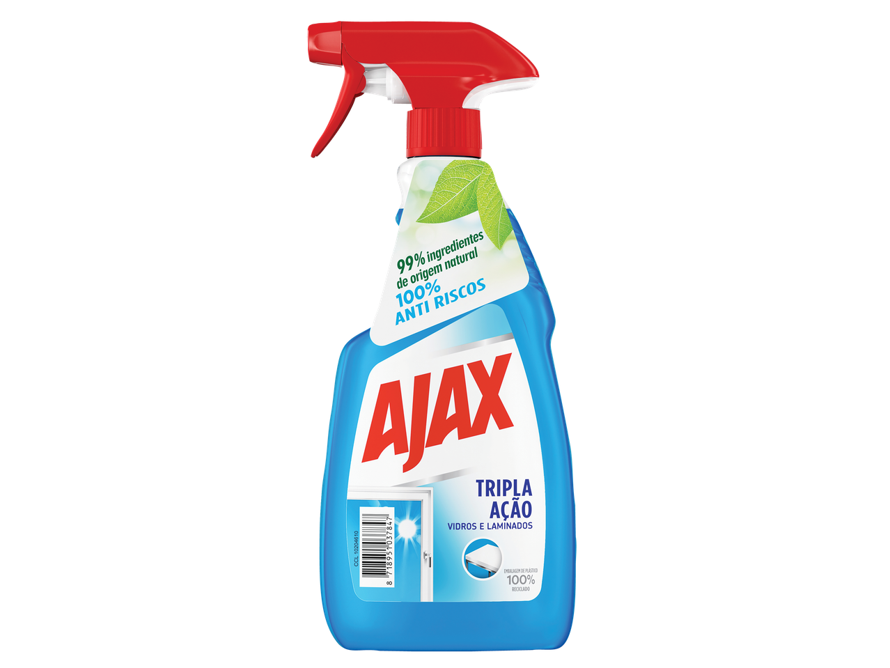 Frasco de spray Ajax Limpa Vidros Tripla Ação com ingredientes naturais e fórmula anti-riscos.
