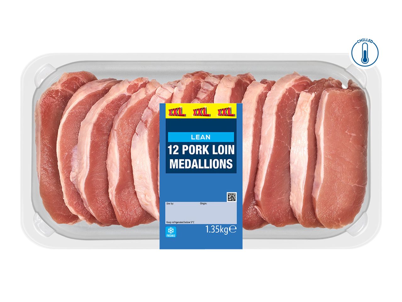 Pack of 12 lean pork loin medallions, 1.35kg, chilled and freezable.