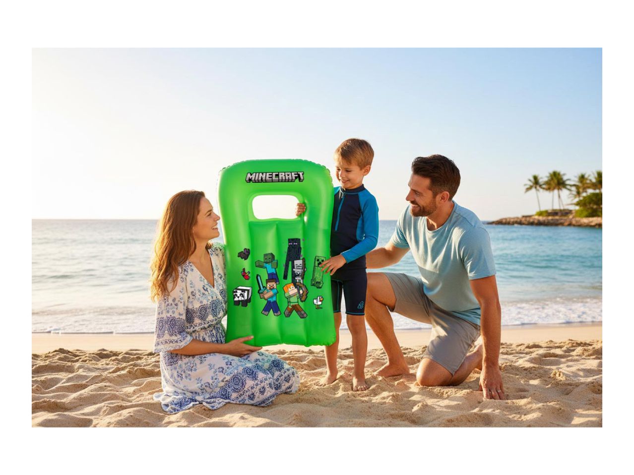Family on a beach with a green inflatable pool float featuring pixelated characters.