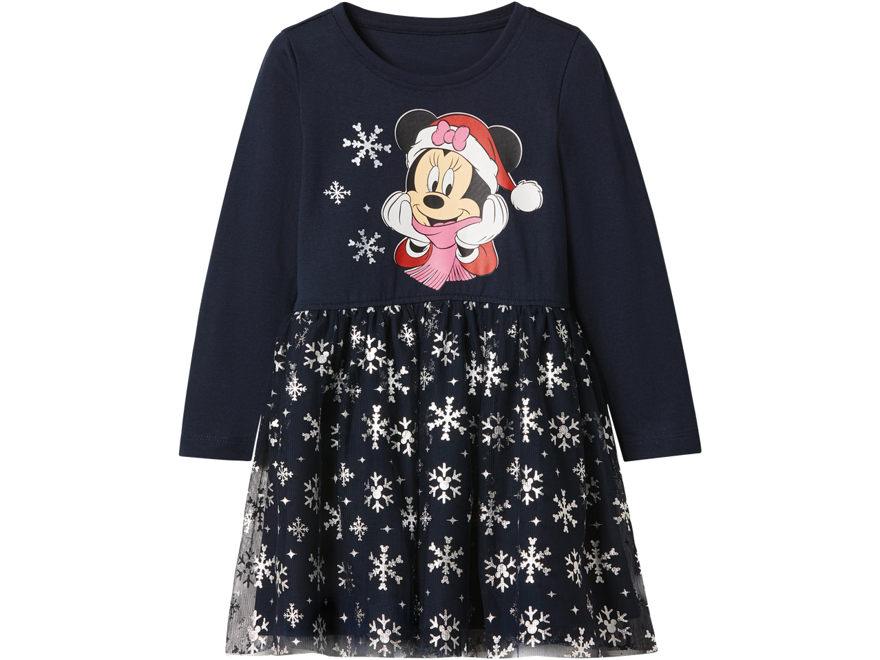 Tamsiai mėlyna suknelė su kalėdine Minnie Mouse ir sidabrinėmis snaigėmis.