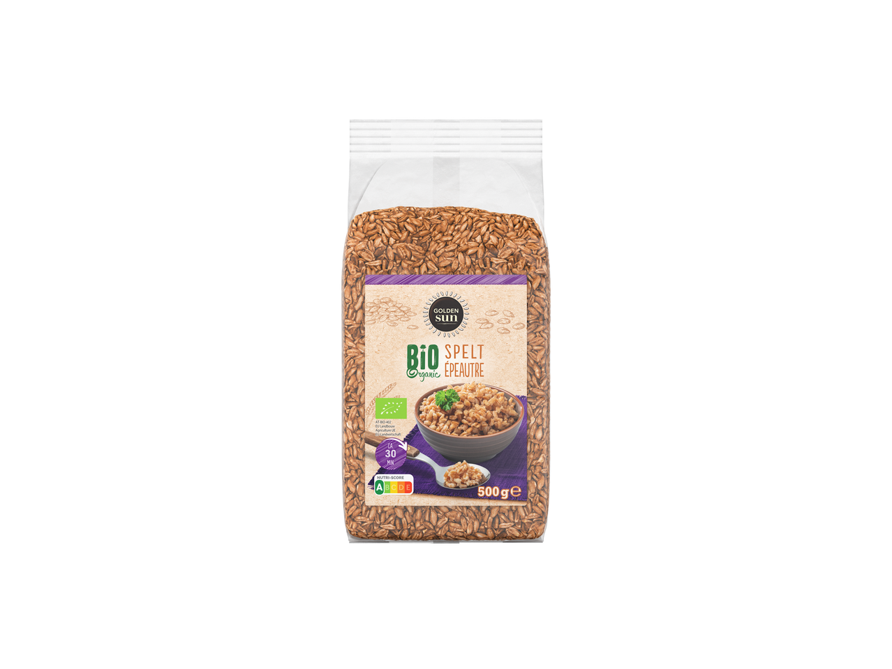 Golden Sun Biologische Spelt, een zak hele speltkorrels met een bereid gerecht, 500g.