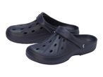 Pair of dark blue clogs with ventilation holes and a movable heel strap.